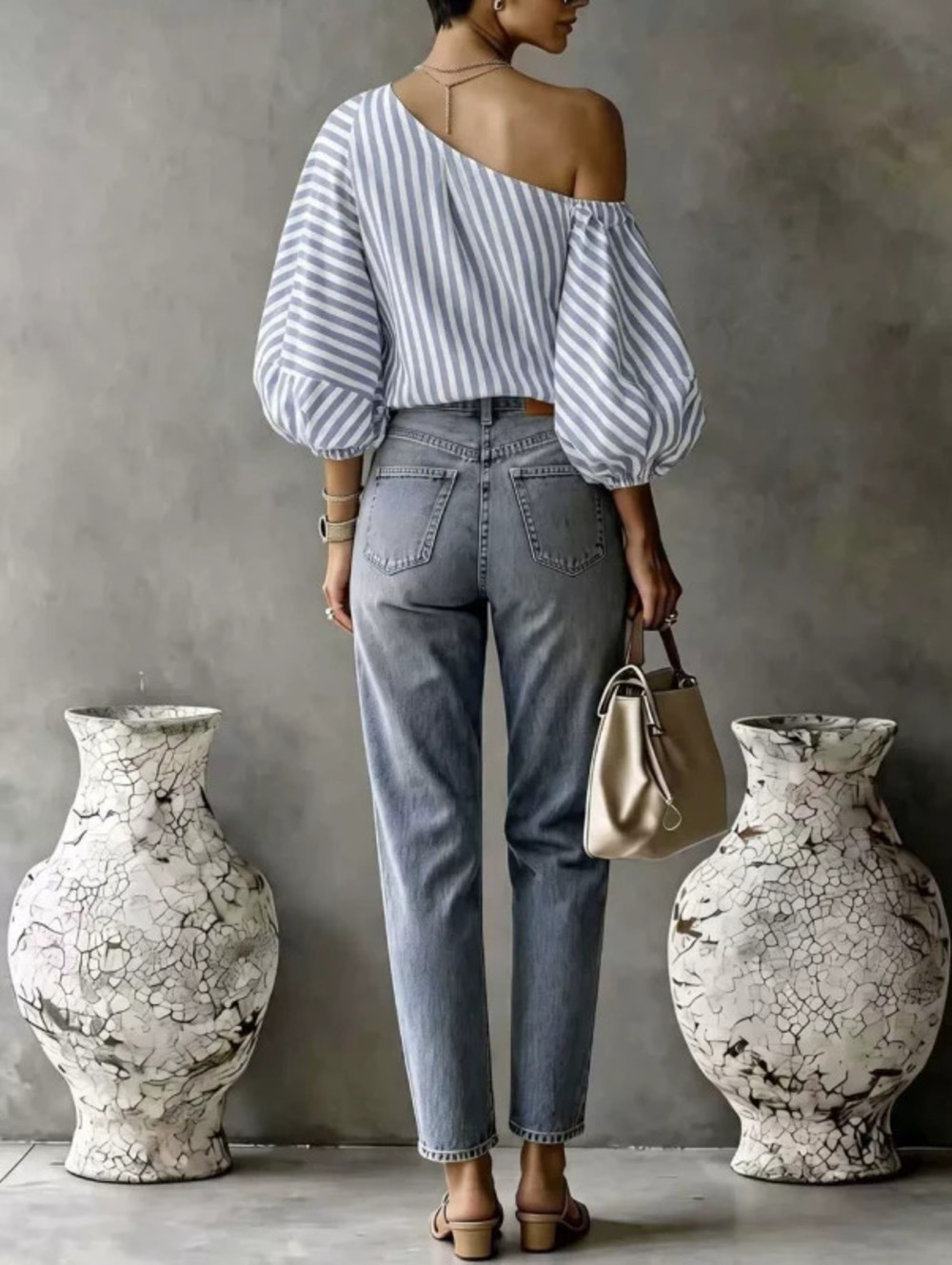ZARA Striped Irregular Off Shoulder Office Casual Blouse